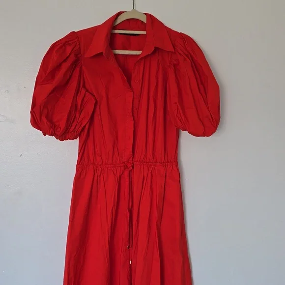 Cotton-Blend Puff-Sleeve Midi Dress